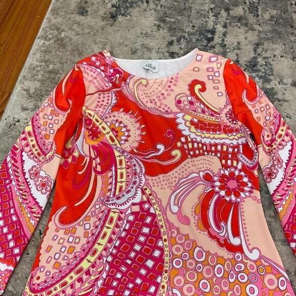 AMORE Round Collar Paisley Tunic Dress Long Sleeve Size M Red/Pink - Picture 2 of 3